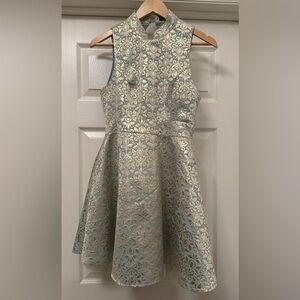 Missguided Gold Blue Jacquard Fit & Flare Dress Size 12 Sleeveless Party Dress
